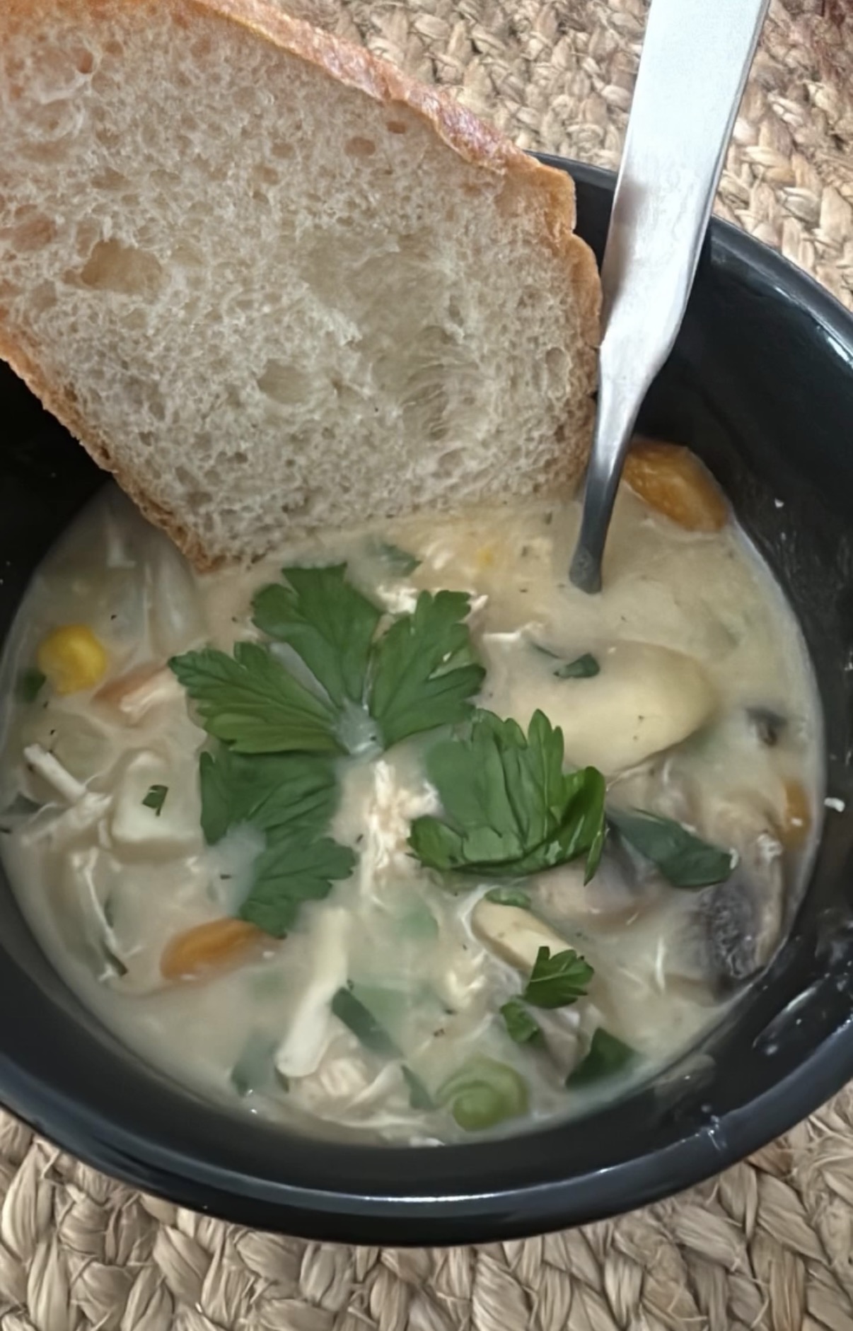 bowl of chicken pot pie soup